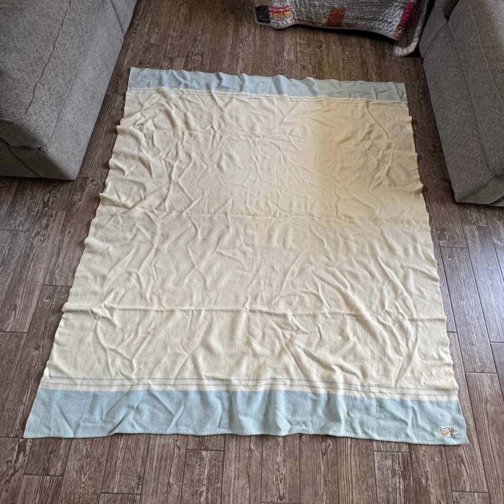 Vintage Warrnambool Blanket 100% Wool Made Australia Cream Blue‎ Stripe 80"x71"